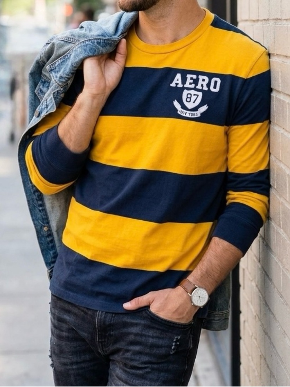 Aeropostale Y2K Striped Long Sleeve Tee Shirt Yellow Navy Blue Size L
